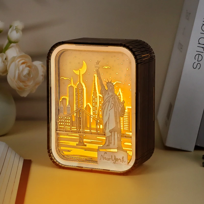 Home Decor Luxury Custom City Landscape Wood Frames LED Night Light Wooden Lighting Desk Lamp 3D Nightlight Christmas Gift Items