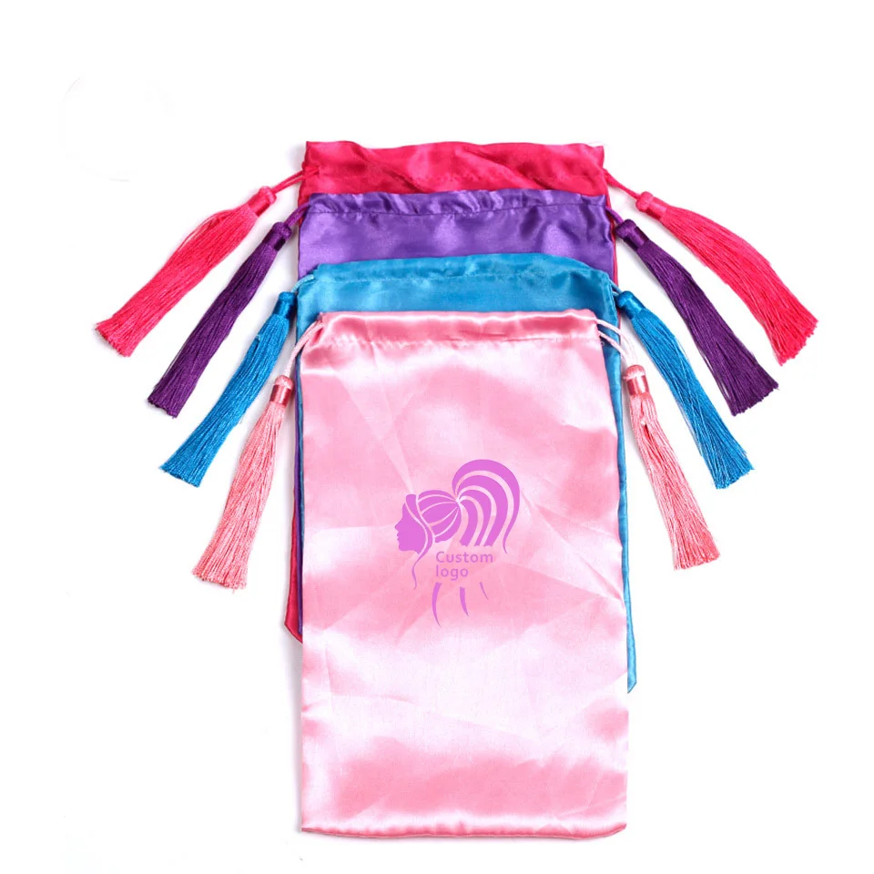 Custom Logo  Wig Bags Hair Bundles Satin Pink Bag Packaging  Drawstring Silk Satin Bag for Wigs
