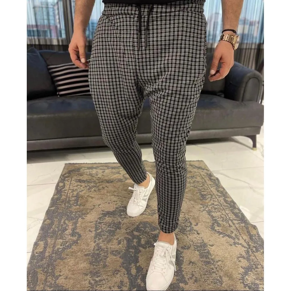 
2021 New Mens Pants Casual Skinny Stretch Mens Chinos Pants Slim Check Pants Men 