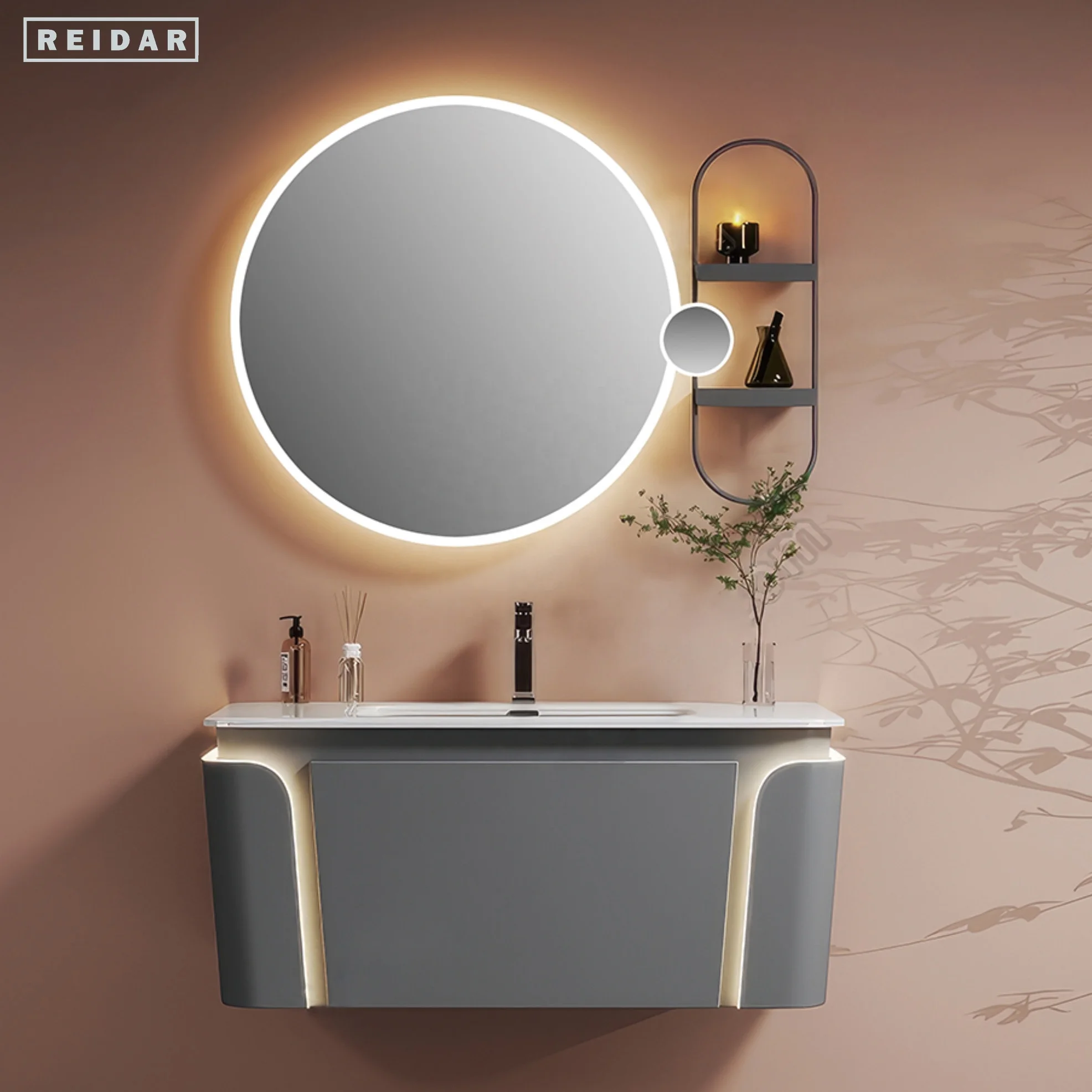 Light Luxury Single Basin Bath Cabinet Single Sink PVC Storage Bathroom Vanities With Countertop Hand Wash Basin With LED Mirror