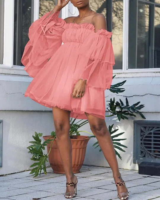 S-5XL Hot Trend Casual Cute Elastic Ruched Bandeau Off the Shoulder Sheer Mesh Layer Flutter Sleeve Tulle Overlay Mini Dress