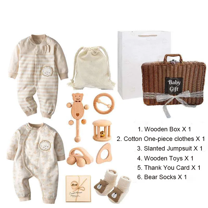 New Luxury rattan box unisex crochet newborn clothes baby gift set jumpsuits & rompers with wooden toys