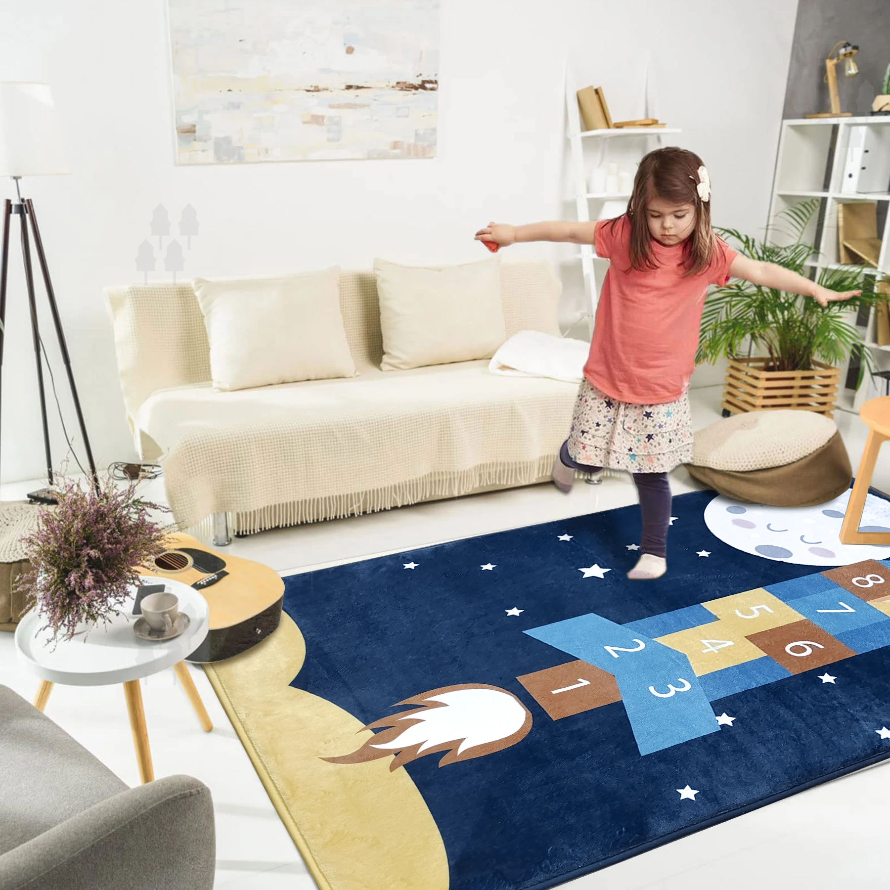 Blue Rocket Game Floor Carpet Classic Hopscotch Rug Kids Play Area Mats with Skid-Proof Backing