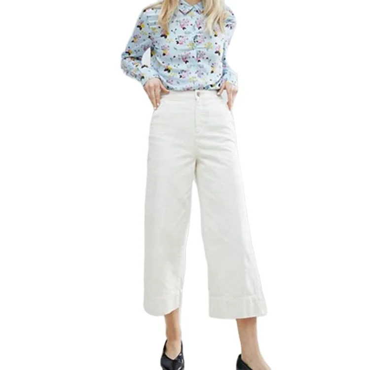 Fashion Loose High Waist White Denim Culottes Wide Leg Jeans For Women
