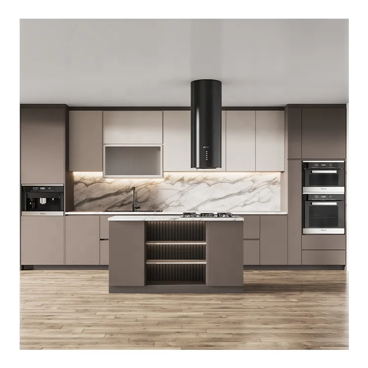 Wholesale Price High End Modern Design Wood Veneer Tinted Glass Pantry Door Luxury Italian Kitchen Cabinet