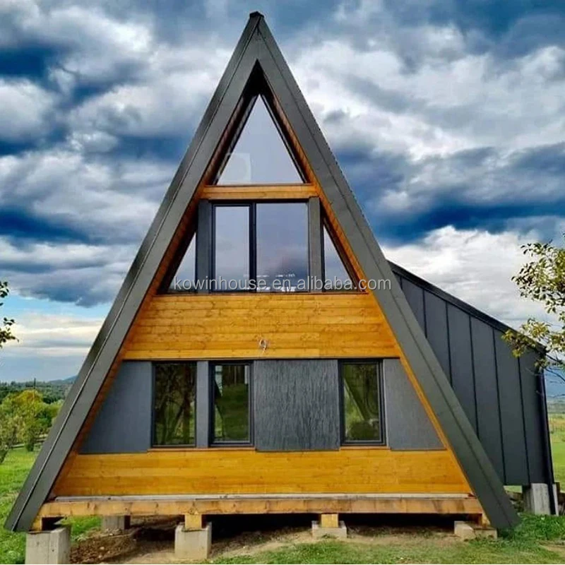 Steel frame prefab house huts resort cottage home garden chalet wood log cabin kits A frame mini houses