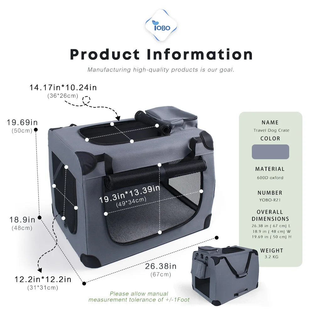 Factory wholesale Collapsible Steel Frame Pet Crate  3-door Durable Mesh Windows Zipper Soft Travel Kennel Cage Cats Dogs