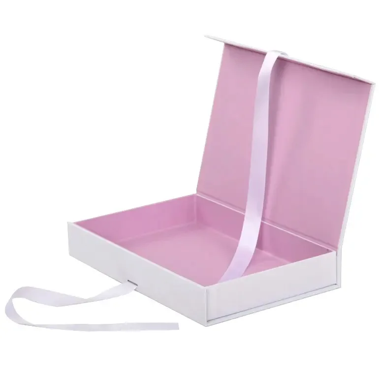 custom logo thin pink clothes magnetic closure gift packaging box with ribbon short folding box for Garments