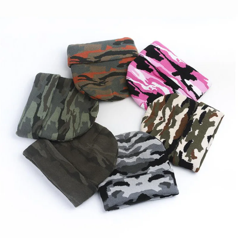 Custom Camo Jacquard Knitted Beanie Hat for Winter Printed Skull Pattern Designer Logo Autumn & Beach Appropriate