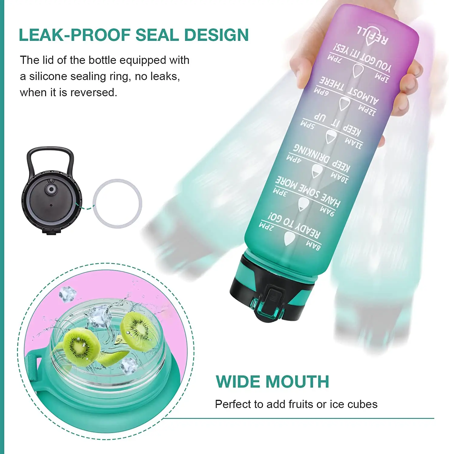 2023 Gradient Plastic Cup 1000ml Tritan Space Cup Bounce Lid Frosted Straw Cup With Time Scale