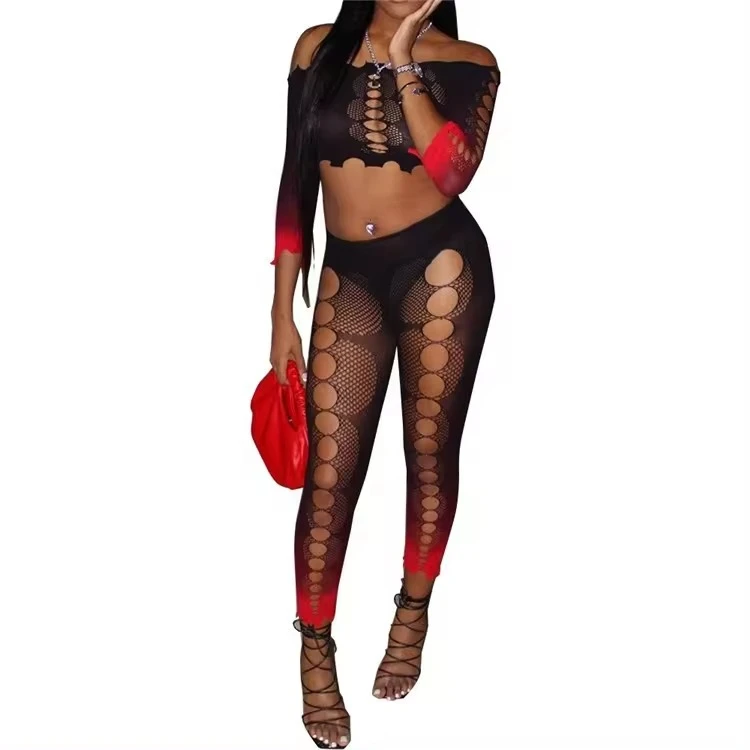 Sexy Hollow Out See Through Mesh Strapless Top and Long Pant 2 Piece Set 2024 Women Summer Outfits