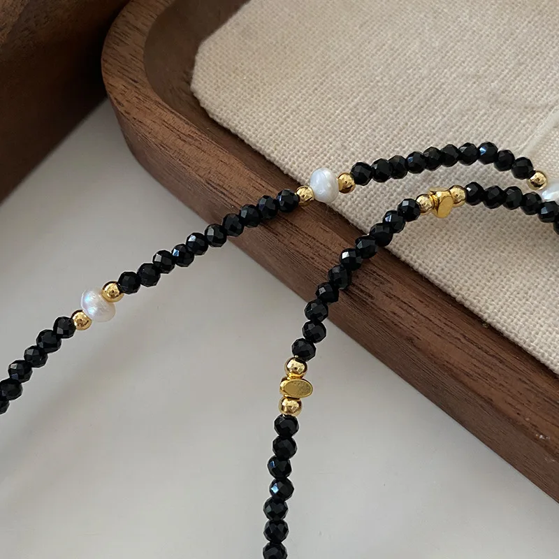 18k gold plated fashion black obsidian beads baroque pearls necklace for girls cute