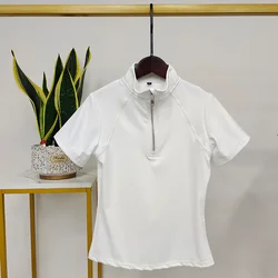 Customized Logo Hangtag White Lady Spandex Tops Riding Short Sleeve Equestrian Collared Shirts For Women