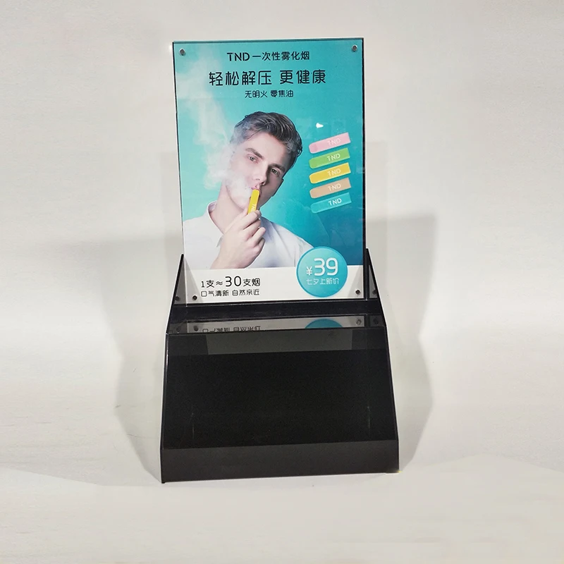Factory custom black 2 tiers counter pmma plexiglass acrylic cigarette pen display shelf acrylic CBD juice display with poster