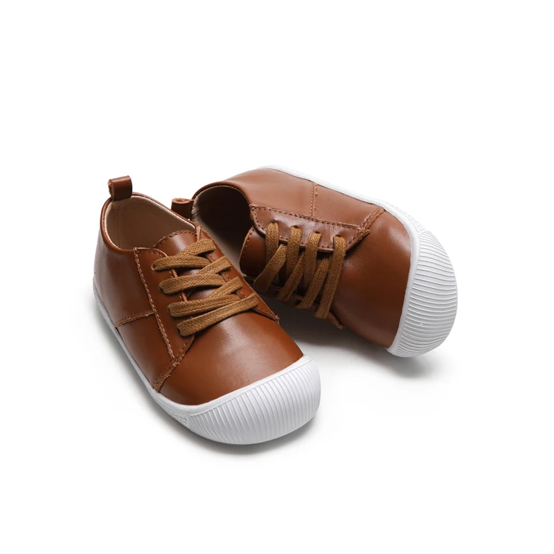 High quality wholesale cow leather upper baby casual shoes hard bottoms shoelaces children sneaker flats kids shoes