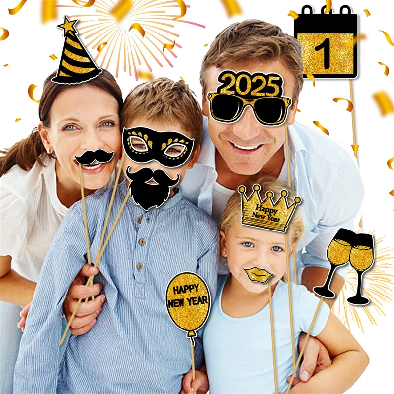 25pcs Set New Years Eve Party Supplies Black Gold 2025 Happy New Years Photo Booth Props