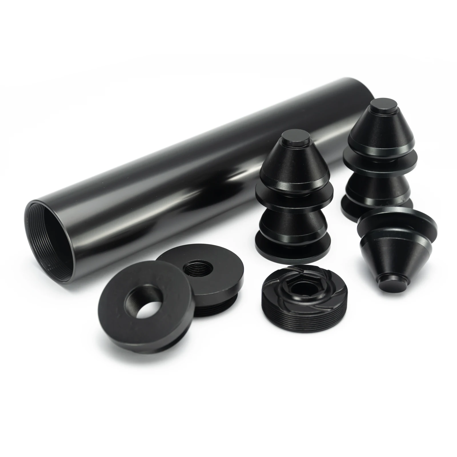 8'L 1.58' OD Stainless Steel Tube Fuel Filter Solvent Trap 1.375x24 + x5 Aluminum 7075 Spade Cone Cups Steel Recoil Booster