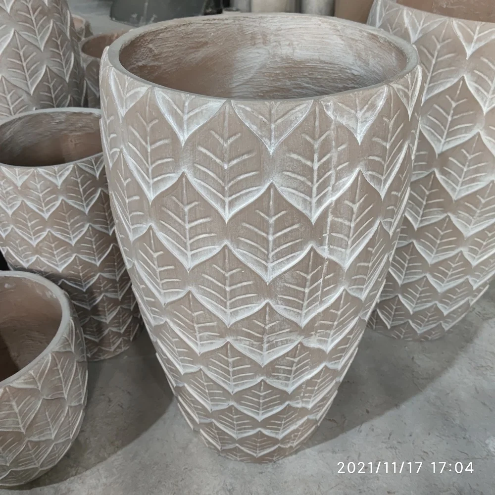 Large round textured fiberglass clay planters flower pots for artificial plants