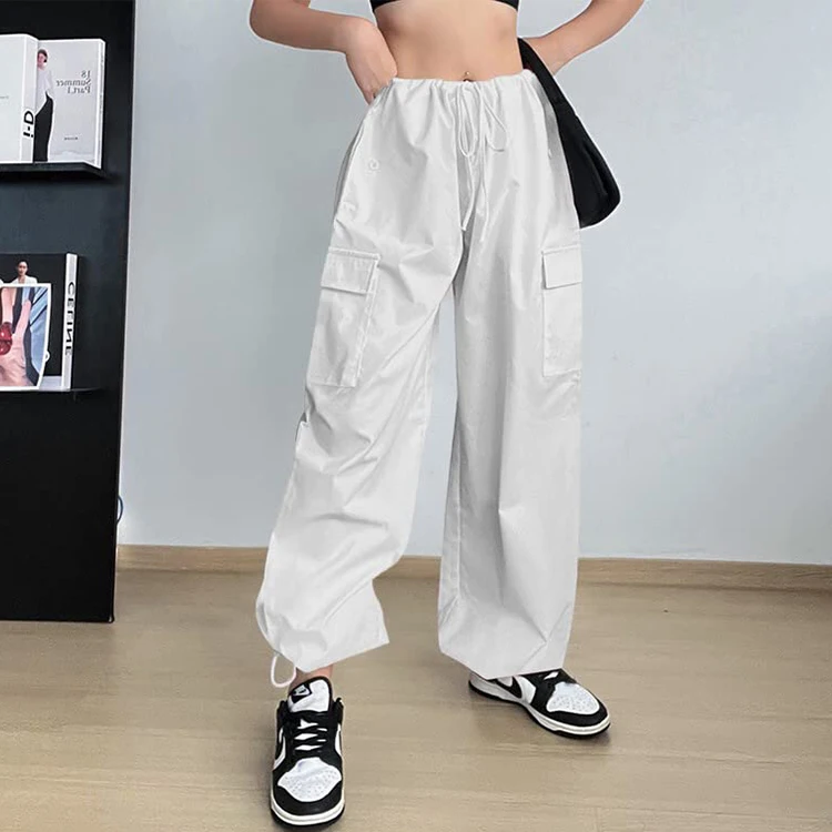 Streetwear fashion ladies woman wide leg pant trousers custom logo drawstring waist cargo pants for women
