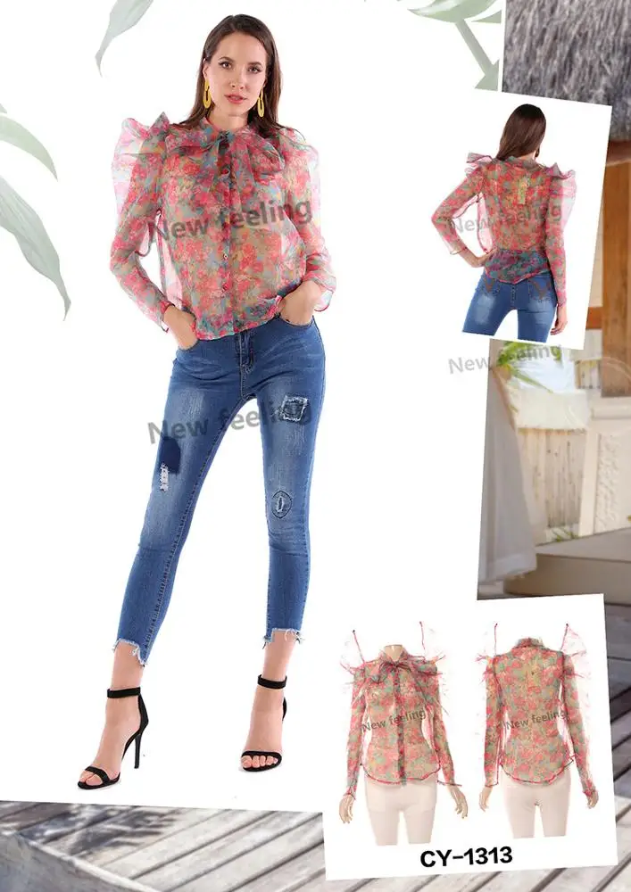2020 Organza New Blouse Butterfly Puff Sleeve Blouse Sexy See through Fashion Lady Blouse