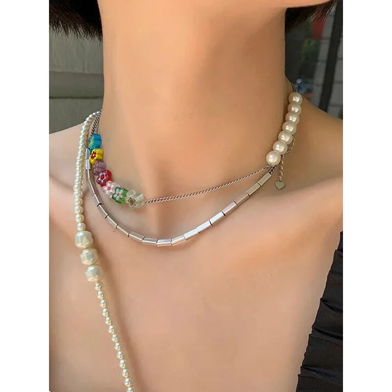 
MuXi Fashion niche design sense layered necklace colorful glass pearl necklace jewelry 