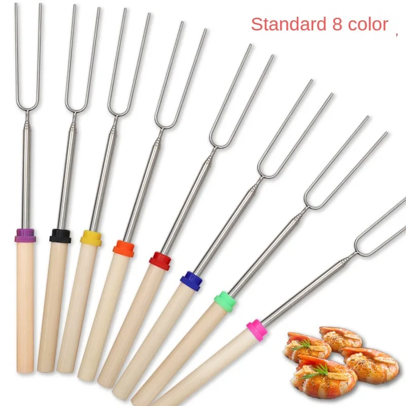 Telescoping Barbecue Fork Stainless Steel Double Metal Skewers Roasting Stick Smores Skewer for Hot Dog BBQ Picnic Camping