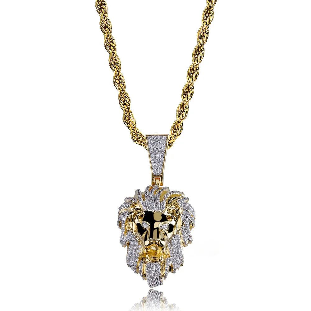 Fashionable Lion Head Pendant with Zircon Crystal Big Hip Hop Necklace for Men Geometric Ice out Pattern