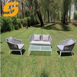 SUNLINK Commercial Vip Room Outdoor Patio Garden Rope Weaving Aluminium Long Sofa Chair Set And Glass Table