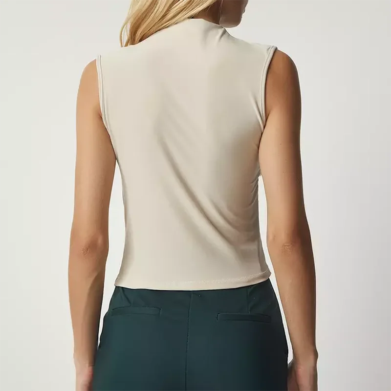 Custom Wholesale Pleated Sleeveless High Collar  Blouse tops Shirts For Women