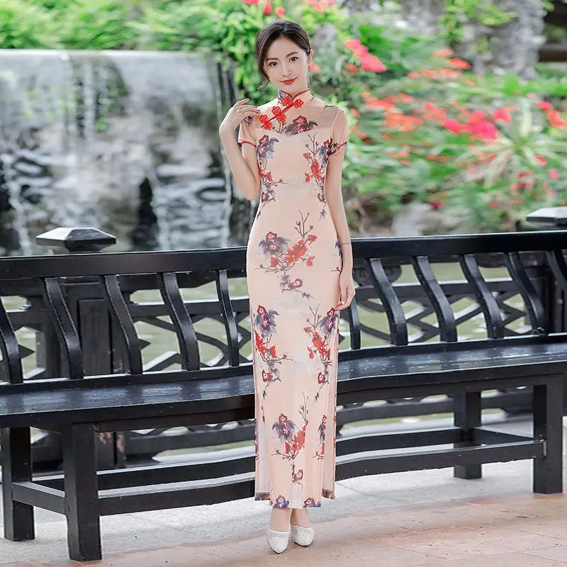 Fashion flower printing women casual cheongsam medium style ladies large size vintage dress on sale
