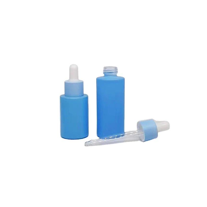 Low MOQ empty 30ml 1oz glass blue frosted cylinder glass essential oil dripping bottle rubber stopper