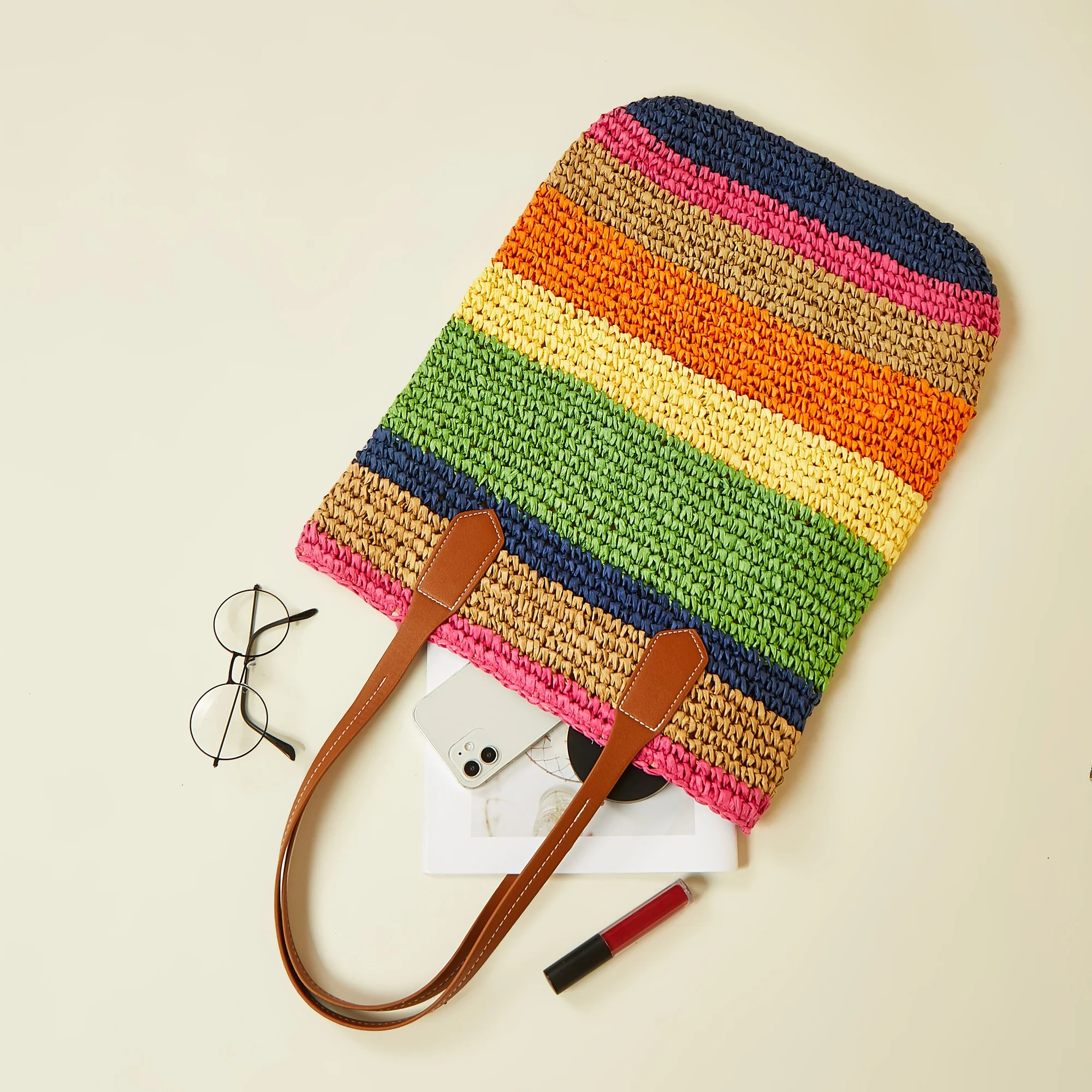 wholesale handmade crochet rainbow strip straw tote beach bag handbags for women