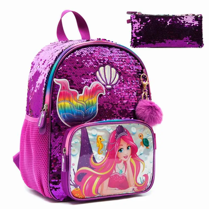 Jasminestar Fashion Shiny Glitter Reversible Sequin Cute Mermaid Backpack Bag Cartoon School Bags Set For Kids Girls