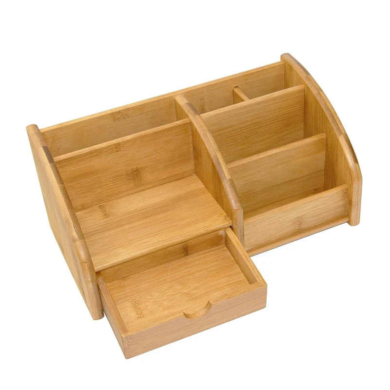 Office Supplies Bamboo Desk Organizer Pen Holder Accessories Storage Caddy with 1 Drawer, 7 Compartments