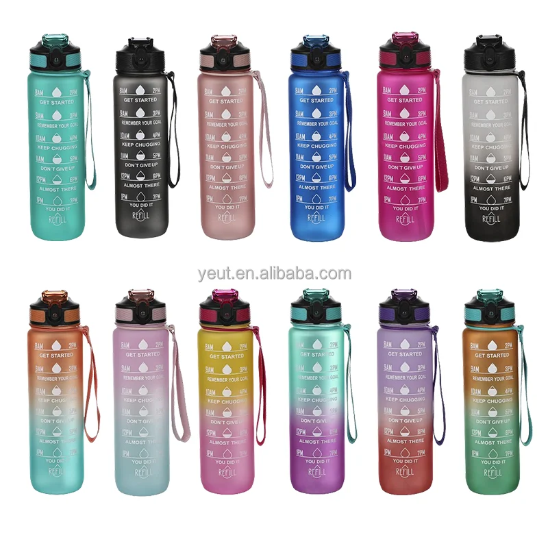 2024 Gym And Outdoor Camping Time Marker 1000ml Gallon Sports Motivational Water Bottle Frosted Plastic Water Bottle BPA Free
