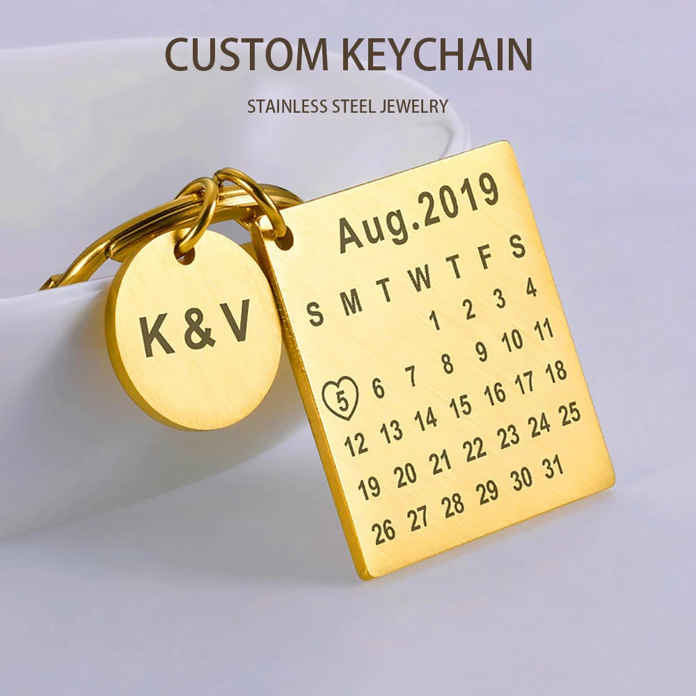 Personalized Custom Calendar Keychain Stainless Steel Key Chain Key Ring Heart Date Engraved Birthday Wedding Anniversary Gift
