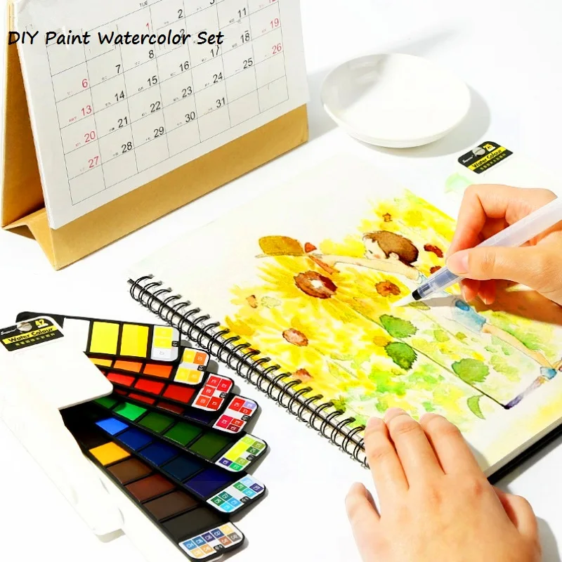 Superior Portable 18/25/33/42 Watercolor Paint With Water Brush, Fan Shaped Thin Solid Watercolor Painting Set