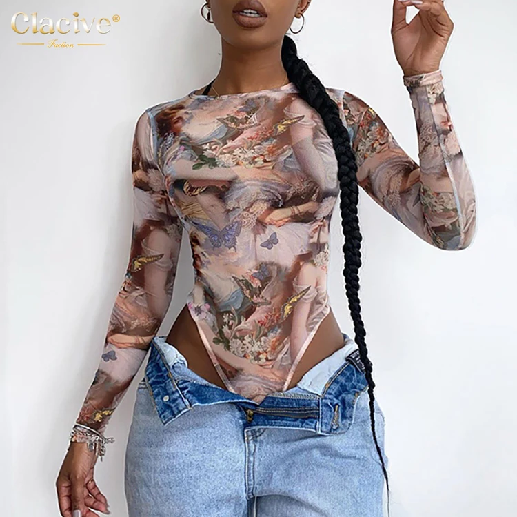 Clacive Fast Shipping Newest Womens Clothing 2020 Butterfly Print Long Sleeve Bodysuits Autumn Latest Design Bodysuits Women