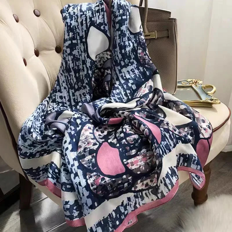 Newest Soft Comfort 100% Pure Silk Scarves Shawls For Women Flower Printed Mulberry Silk Scarf Hijab 180*65CM Real Silk Bandanas