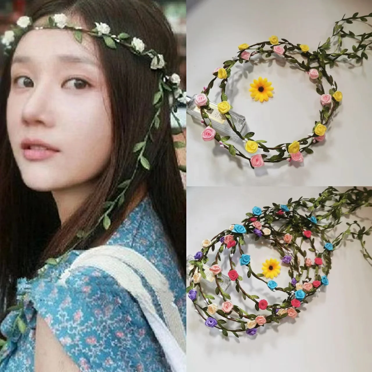 Flower Wreath Crown Headband Multicolor Wedding Festival Party Flower Hair Garlands in Bulk Women Girls Flower Decoration