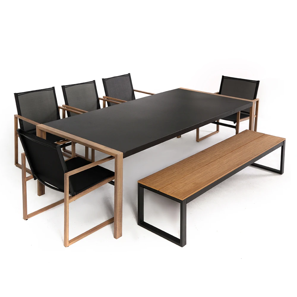 Modern dark grey aluminum outdoor garden furniture heat hot transfer printing armrest leg dining table chair set with long bench