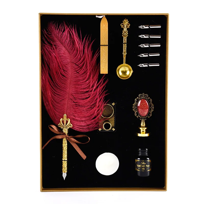 Luxury Fountain Pen Set Natural Ostrich Plume Dip Quill Pen Set Calligraphy Writing Dip Pen