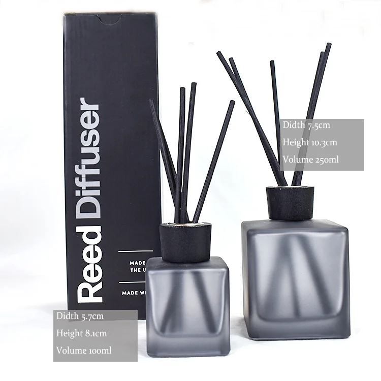 wholesale frosted square empty reed glass diffuser bottle glass wooden cap empty bottle matte black 2 200 ml