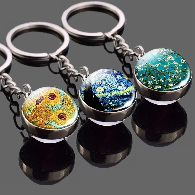 Van Gogh Famous Oil Painting Trinket Sunflowers Starry Night Double Side Keychain Glass Ball Keyring Pendant Key Holder