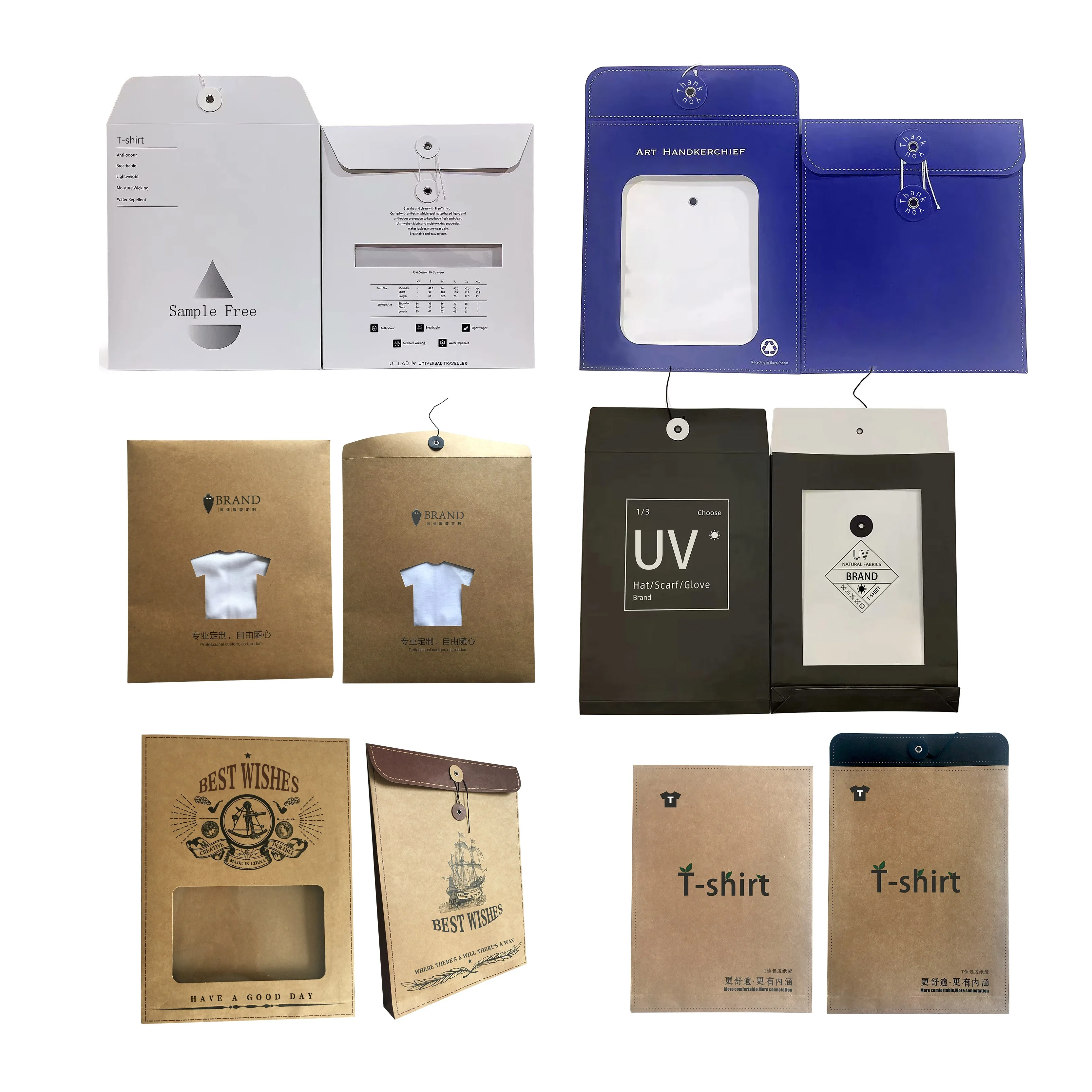 Creative Durable Eco Friendly Art Cardboard T-shirt Document Envelope Bag Packaging With String Button Closure Hat Clothes Bag