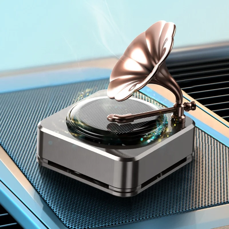 High Quality solar phonograph car aromatherapy Vintage Gramophone Perfume Long Lasting Light Sensor Auto Rotating Air Freshener