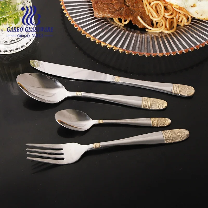 Middle East Arabic style 201 stainless steel cutlery 4pcs set of basic embossed handle knife fork spoon with electroplated gold
