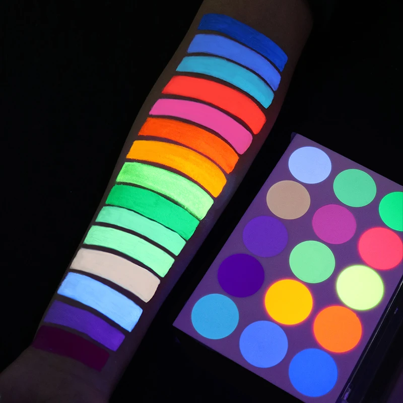 wholesale cosmetic 15 color eyeshadow oil based grease uv neon face body paint palette glowing in dark for Halloween makeup