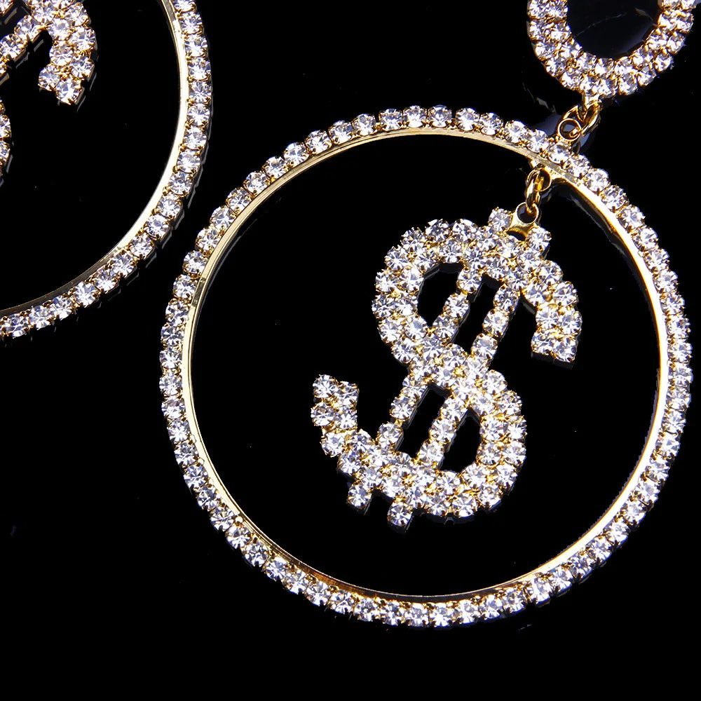 2022 Statement Wholesale Bling Crystal Dollar Money Sign Wide Hoop Earrings
