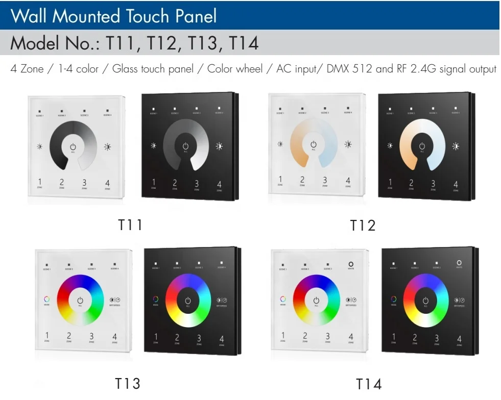 T11 12 T13 T14 DMX512 RF 2 4 ГГц Одноцветный двойной белый RGB RGBW настенный контроллер сенсорной панели